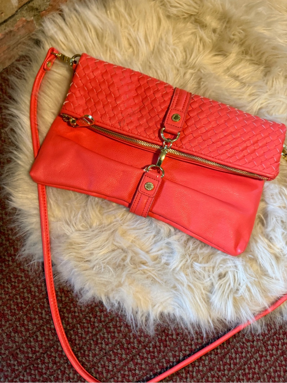 Steve Madden Woven Foldover Crossbody Bag in Coral Pink